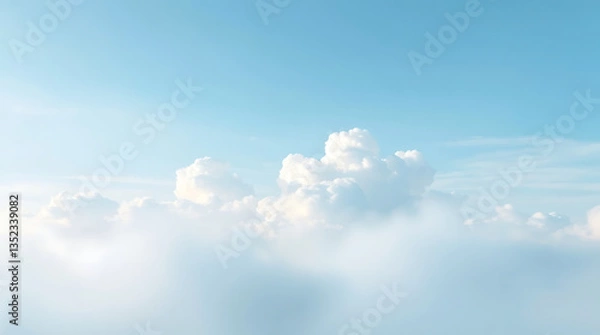 Fototapeta A calming sky background featuring soft, fluffy clouds drifting across a pastel blue gradient. Ideal for digital art, social media, and web design. Created with generative AI.