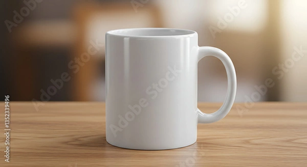 Fototapeta Coffee Mug Mockup on Wooden Table.	A realistic coffee mug mockup featuring a white ceramic cup on a wooden surface, perfect for branding and promotional designs