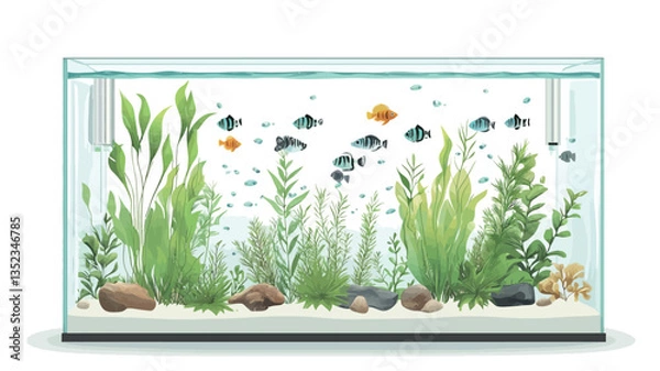 Fototapeta A digital illustration depicting a rectangular glass aquarium. The aquarium contains various species of small colorful fish swimming amongst a lush bed of green aquatic plants.  The substrate