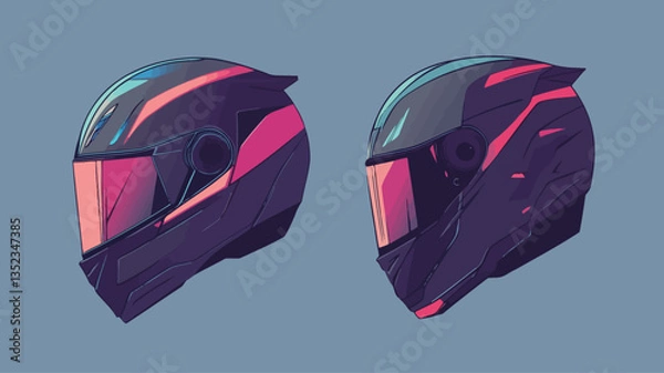 Obraz The image contains a digital illustration of two futuristic motorcycle helmets.  The helmets are depicted in profile view against a light blue-gray background. Each helmet features a dark base