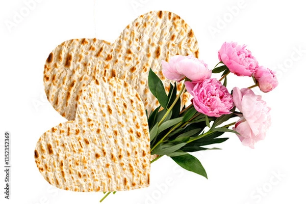 Obraz Matzah in the form of a heart and Peony flowers. Passover Jewish holiday concept.