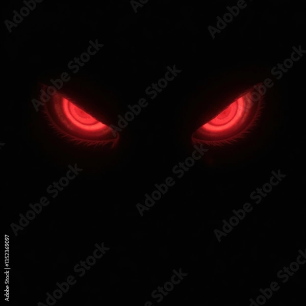 Fototapeta Two glowing red eyes in the darkness, menacing and watchful, conveying a sense of lurking evil and fear