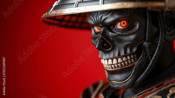 Obraz Skeleton warrior as samurai on red background 