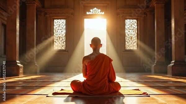 Obraz Buddhist monk meditating in a sunlit temple interior  
