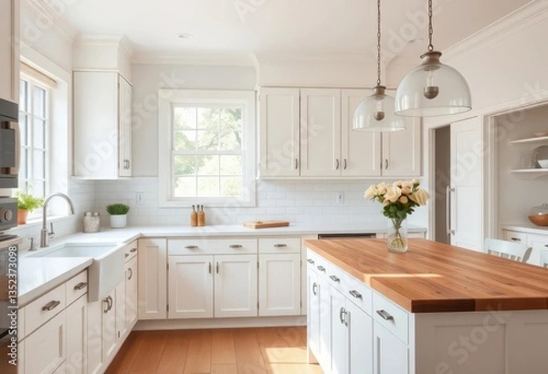 Fototapeta Bright, airy kitchen with white cabinets, farmhouse sink, and butcher block island, cabinets, appliances
