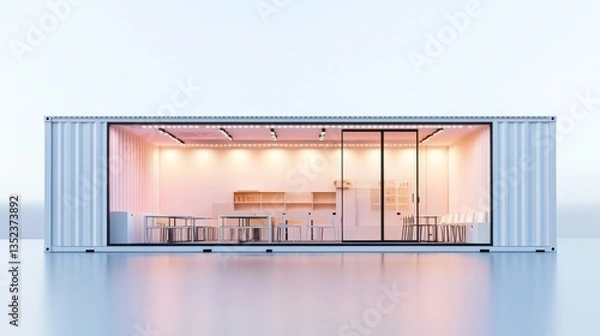 Fototapeta Minimalist modular shipping container building with glass and steel facade for temporary events exhibitions pop up stores or other showcasing purposes