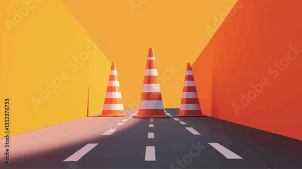 Obraz The image is a digital 3D rendering depicting three traffic cones positioned on a road.  The cones are rendered in a simplified, almost geometric style with red and white stripes.  They are