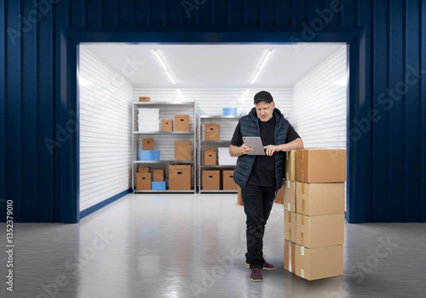 Fototapeta Man owner of storage unit. Guy is standing near warehouse gate. Man at entrance to storage unit. Businessman takes boxes from pantry. Persona with gadget rents storage room. Place for safekeeping
