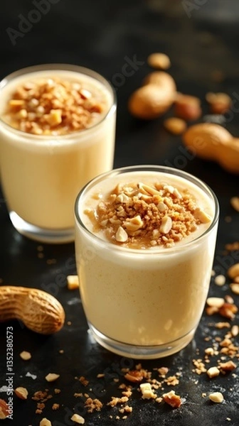 Obraz Peanutty Dessert Smooth drinks, peanuts, crushed topping on a dark surface. Delicious treat!