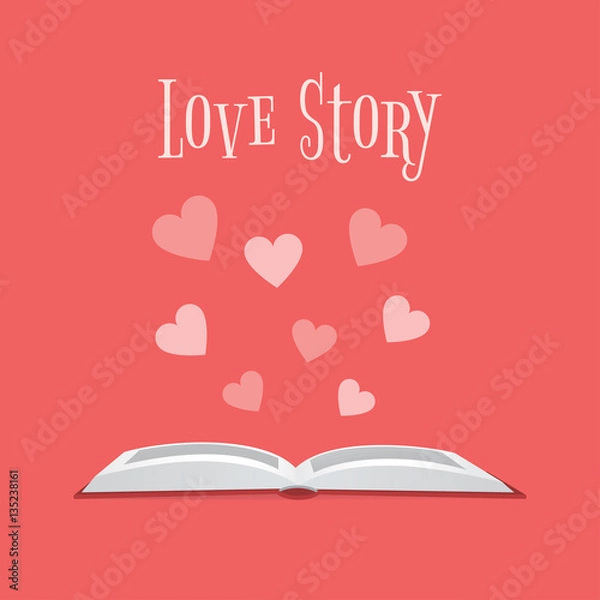 Fototapeta Vector illustration of an open book and hearts above it with text "Love Story". Square format, coral background. Flat design style.