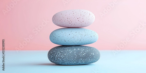 Obraz Stacked zen stones on pastel blue and pink background. Meditation and balance concept. Minimalist wellness photography.
