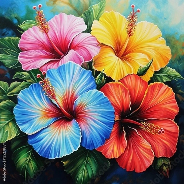 Obraz Vibrant hibiscus blossoms in a colorful arrangement