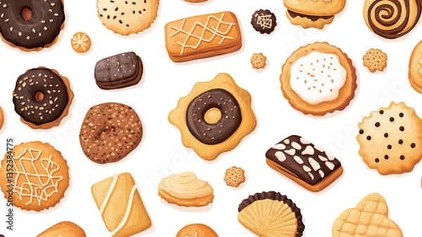 Obraz A digital illustration depicting a seamless pattern of various cookies and biscuits. The image features a white background with a diverse array of cookies in different shapes, sizes, and colors,