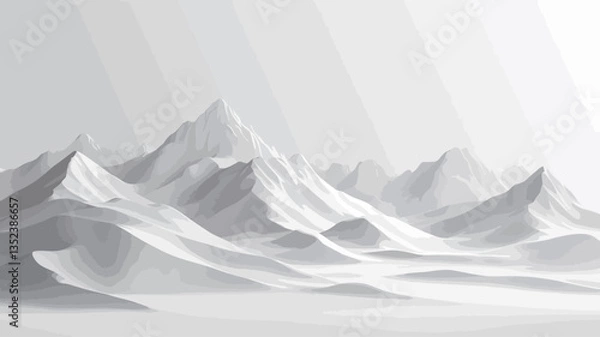 Obraz The image depicts a stylized, monochromatic rendering of a mountain range.  The mountains are depicted in varying shades of white and grey, creating a sense of depth and texture. The style is