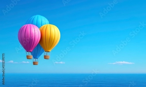 Fototapeta Vibrant Hot Air Balloons Floating Above Calm Ocean Under Clear Blue Sky with Soft Clouds and Beautiful Horizon During Daytime Adventure
