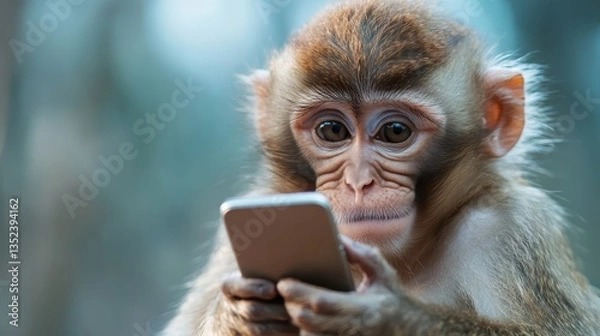 Fototapeta A cute monkey is captivatingly focused on a smartphone, showcasing the blend of nature and technology, emphasizing the impact of digital devices in wildlife encounters.