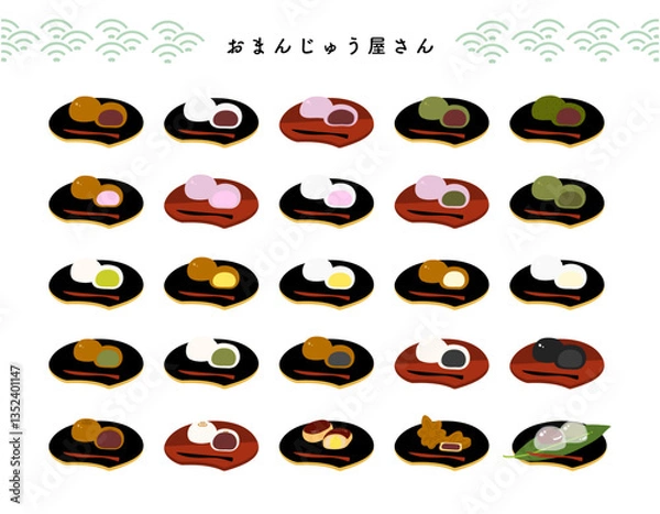 Obraz お皿にのった色々な種類のおまんじゅうの手描きカラーイラストセット