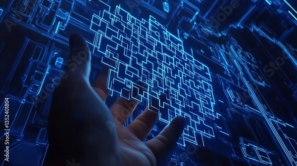 Fototapeta A hand reaching towards a glowing blue digital maze with circuit board background pattern design