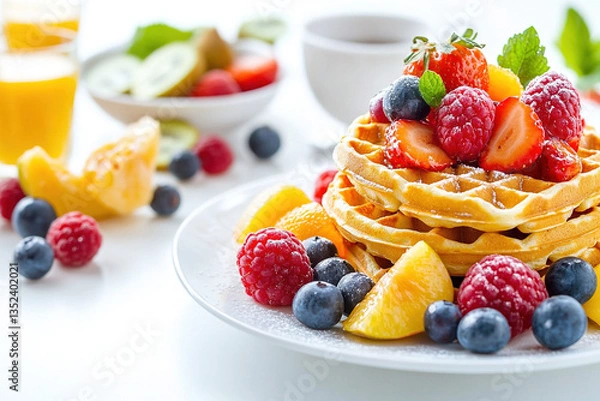Fototapeta Colorful brunch table with waffle stack and fresh fruit  on a white background. Concept of International waffle day.