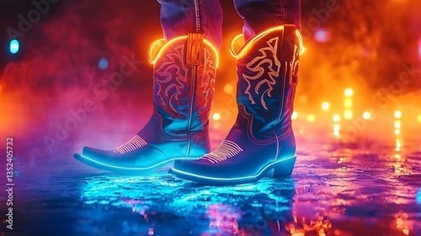 Obraz Neon-lit cowboy boots on a reflective surface.