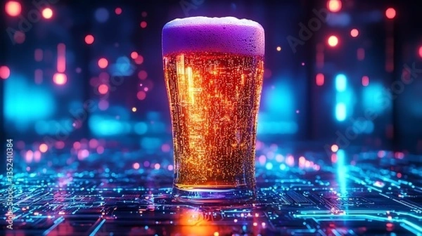 Fototapeta Frothy beer in glass on futuristic surface.