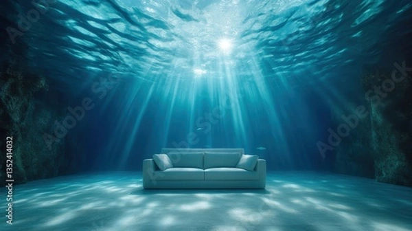 Fototapeta A serene white couch sits gracefully on the ocean floor, surrounded by clear blue waters, embodying solace and tranquility in an ethereal underwater environment.