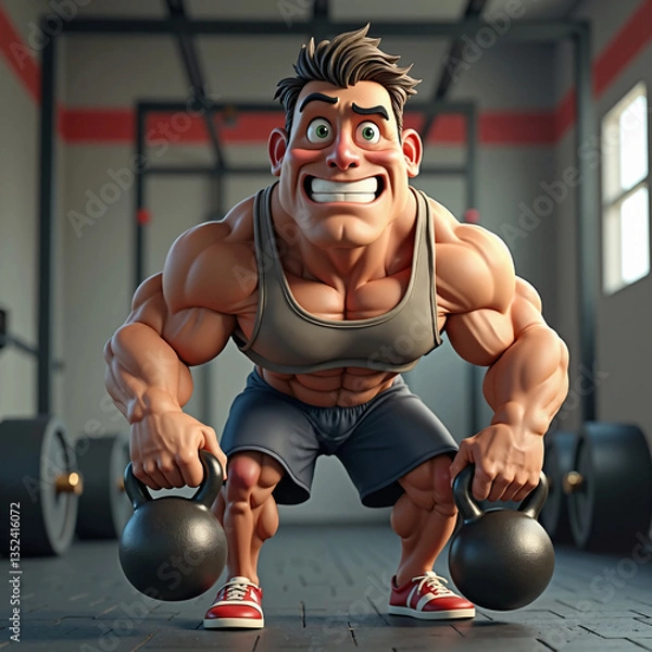 Obraz A stylized fitness athlete holding a heavy kettlebell while doing squats