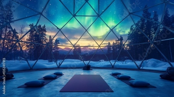 Obraz Tranquil Yoga Retreat Under the Aurora Borealis in a Geodesic Dome