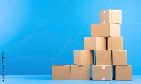 Fototapeta Stacked cardboard boxes on bright blue background, creating a visually appealing geometric arrangement for creative or commercial use.