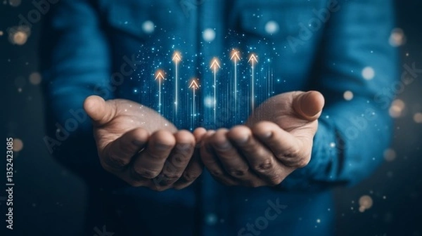 Fototapeta Man's hands hold glowing upward arrows, growth concept, dark background