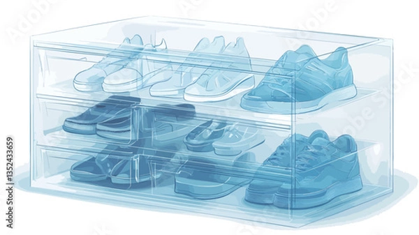 Fototapeta The image shows a three-tiered transparent plastic shoe storage box. The box is rectangular and clear, allowing the contents to be clearly visible.  Multiple pairs of various colored athletic shoes