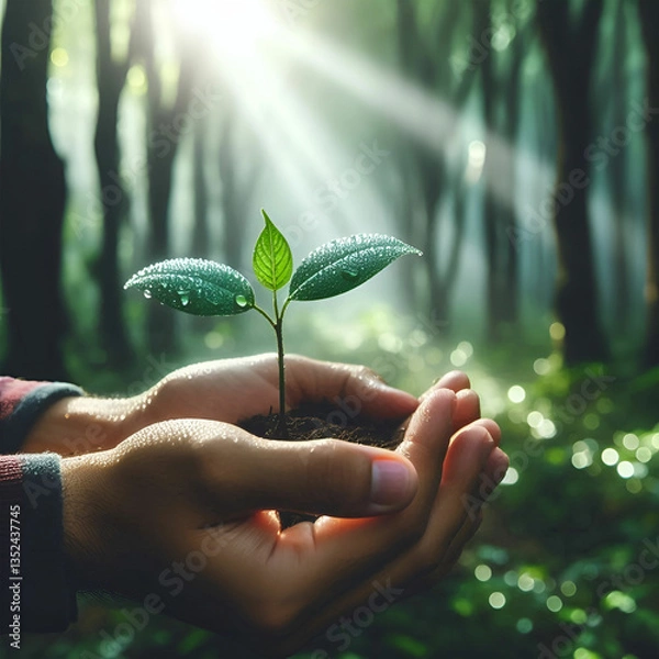 Fototapeta Hands holding a small growing plant with care