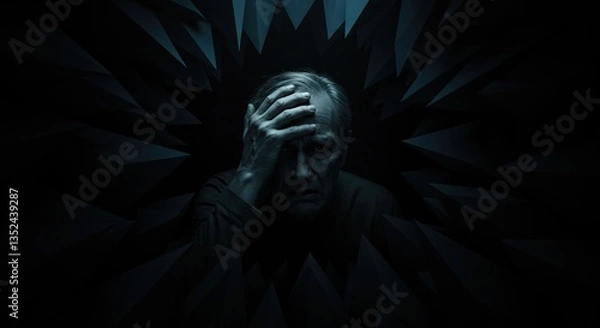 Fototapeta Man with hand on forehead surrounded by dark geometric shapes design