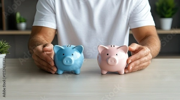 Fototapeta A person is managing two distinct piggy banks that symbolize various options for saving money, placed on a rustic wooden table