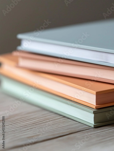 Fototapeta Stack of books on a wooden surface. the books are of different colors - one is light blue, one is orange, and one is green.