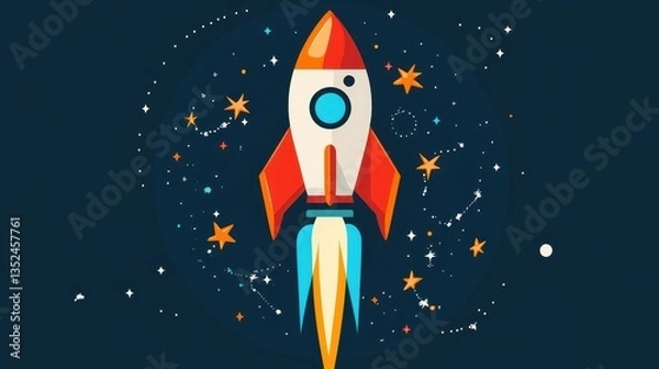 Fototapeta A colorful rocket ship flying up towards the starry night sky