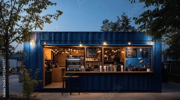 Fototapeta Cozy Outdoor Cafe Bar with Illuminated Containers and Furnishings in a Modern Urban City Setting Providing Dining Drinking and Leisure Experiences