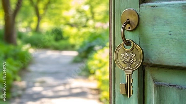 Obraz Garden gate key, open door, green path, nature background, home security