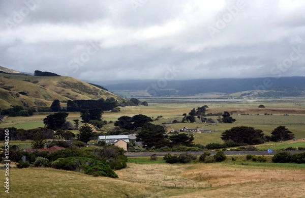 Fototapeta Broad panorama of the countryside in Victoria with green field in foreground. Grassy hills near Glenaire in Australia. Rural landscape near the forest in mountains. Hillside landscape.