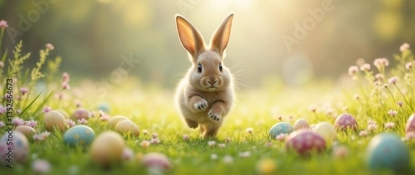 Obraz Adorable brown rabbit exploring outdoors surrounded by colorful Easter eggs and blooming flowers on a warm spring day, evoking joy, renewal, and the Easter holiday spirit.

