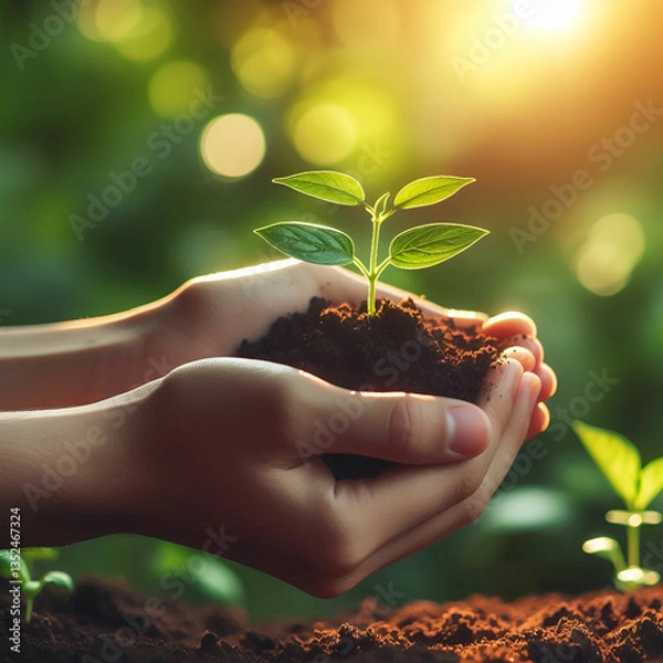 Fototapeta Hands holding a small growing plant with care