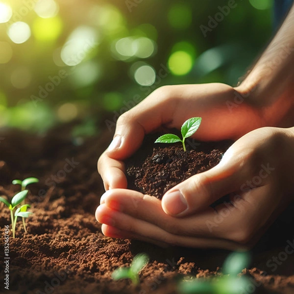 Fototapeta Hands holding a small growing plant with care