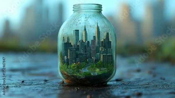 Obraz Miniature City Trapped in a Plastic Bottle – Symbol of Pollution, Urbanization, and Environmental Impact. Generative AI.