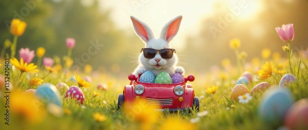 Obraz A whimsical image of a rabbit wearing sunglasses, driving a toy car holding Easter eggs surrounded by colorful flowers in a sunny field, celebrating the festive Easter season with vibrant joy.

