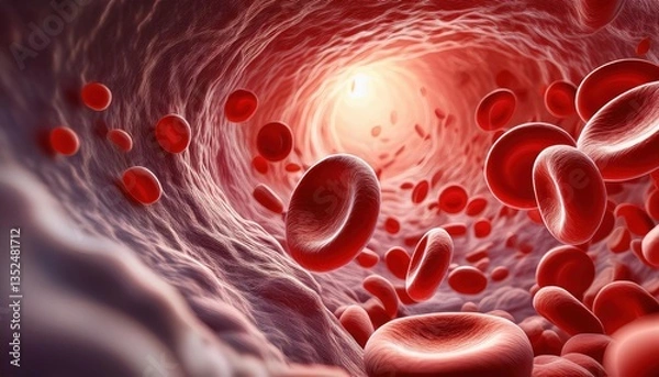 Fototapeta Microscopic view of blood vessels showing red blood cells, representing vascular conditions like atherosclerosis. Human vein in a medical illustration showing circulation and anatomy.