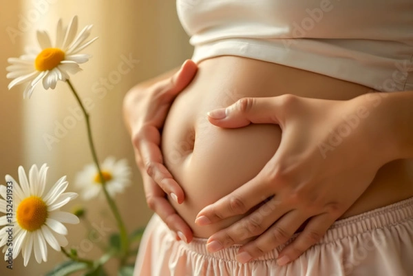 Obraz A woman holding her hands on her stomach - for digestive or woman related health issues - soft light and natural environment - AI generated 