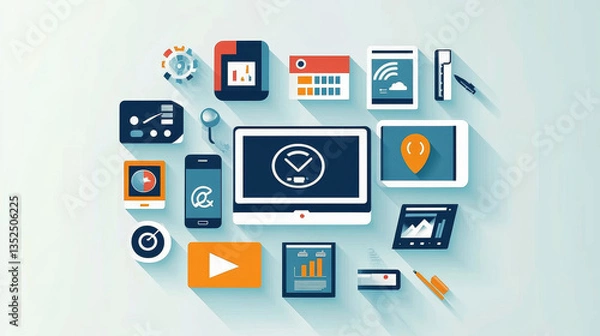 Fototapeta Vector illustration. Web search. Flat computing background. Programming and coding. Web development and search. Search engine optimization. Innovation and technologies. Mobile app.