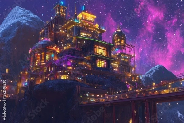 Obraz A beautifully illuminated futuristic city built on a mountain