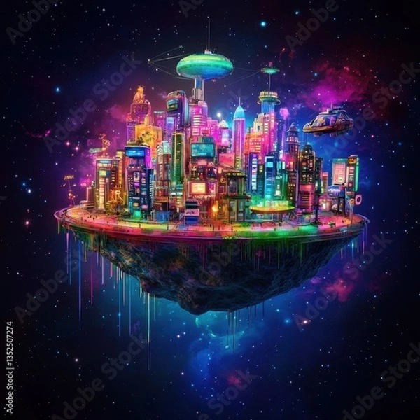 Obraz A futuristic city island floating amidst a colorful nebula space