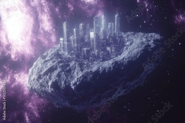 Obraz A futuristic city resides on a giant rocky asteroid in space